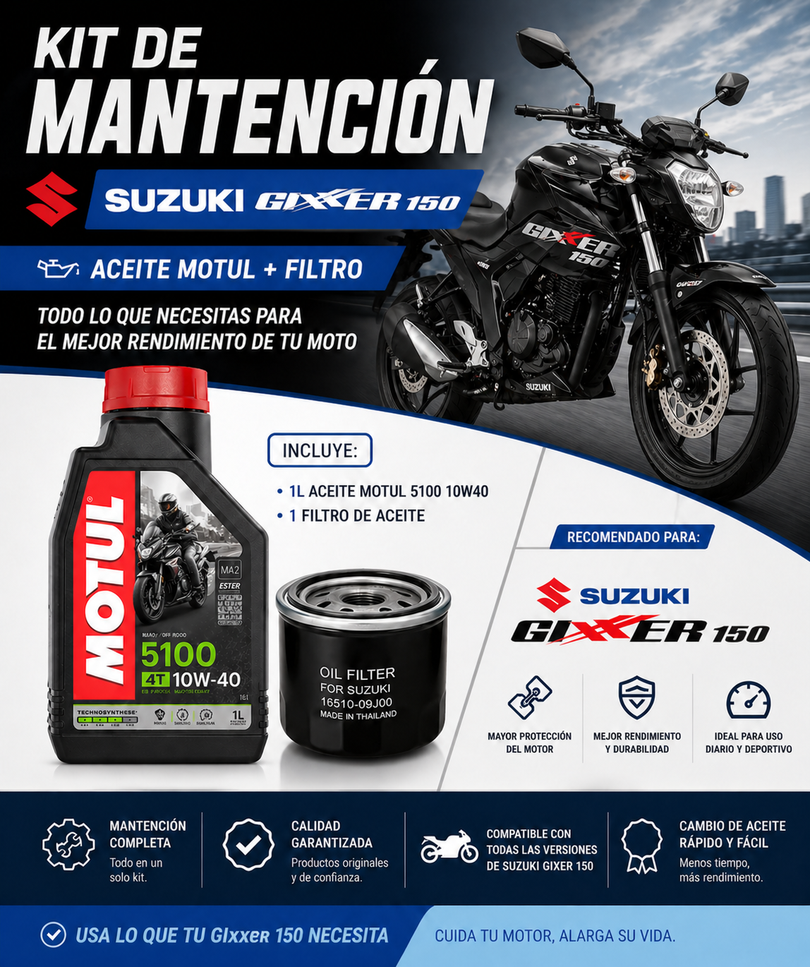 Kit Mantención Suzuki Gixxer 150 + Aceite Motul 5100 10W40 + Filtro