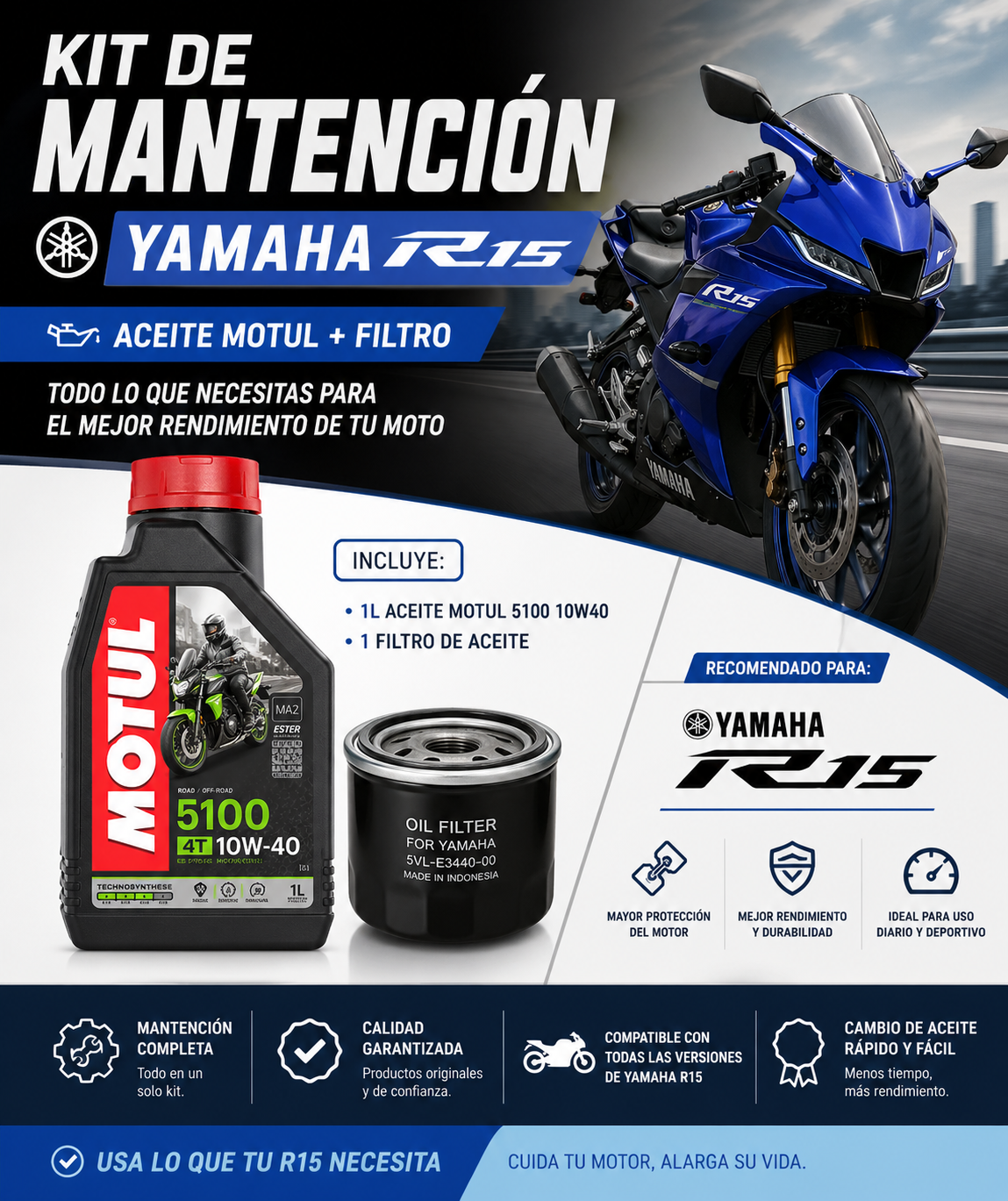 Kit Mantención Yamaha R15 + Aceite Motul 5100 10W40 + Filtro