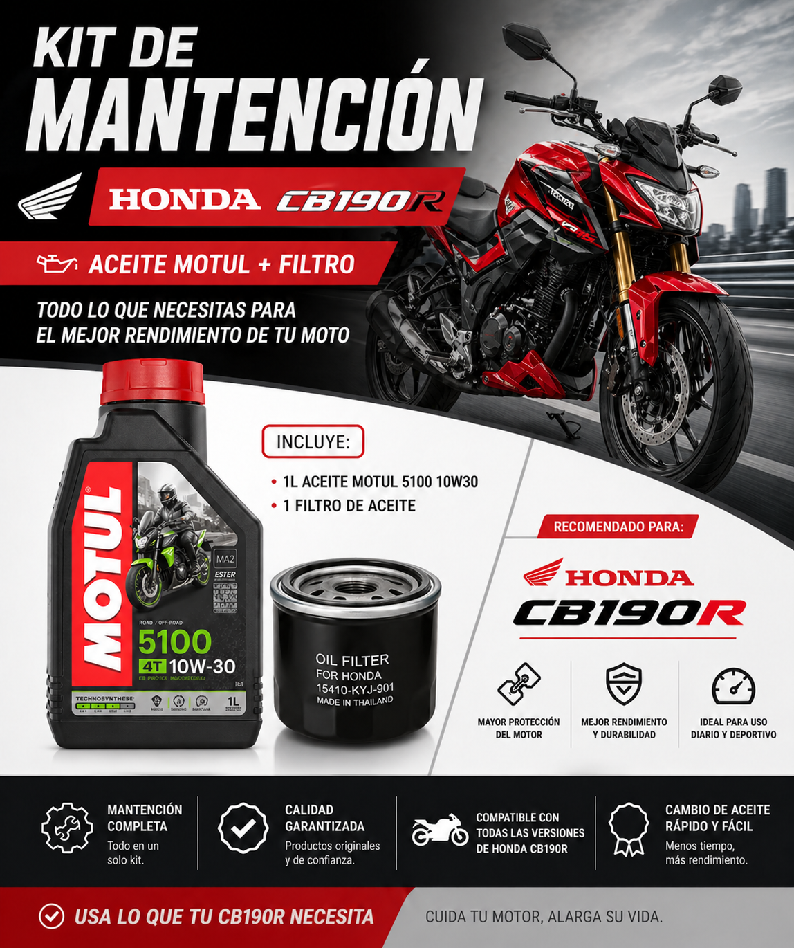 Kit Mantención Honda CB190R + Aceite Motul 5100 10W30 + Filtro
