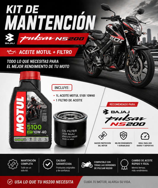 Kit Mantención Bajaj Pulsar NS200 + Aceite Motul 5100 10W40 + Filtro